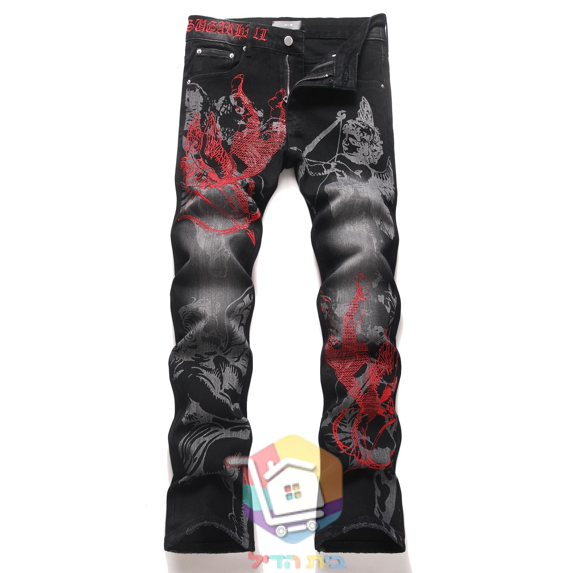 Jeans AMIRI mit Cherub-Print und roter Stickerei