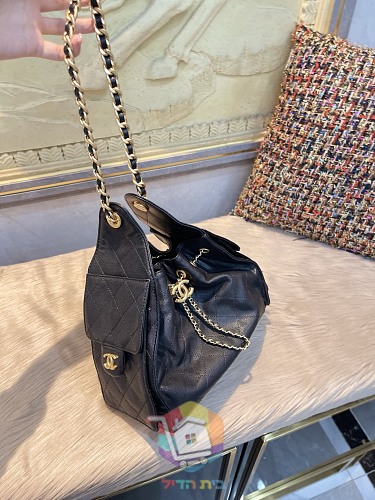 תיק Chanel 25 Small מעור מרופד עם שרוך שרשרת ותליון לוגו, שחור, תמונה 5