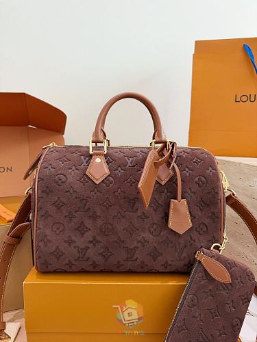 תיק Louis Vuitton Speedy Bandoulière מזמש מוטבע, בז' או חום, תמונה 2