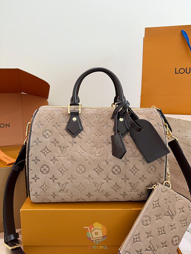 תיק Louis Vuitton Speedy Bandoulière מזמש מוטבע, בז' או חום, תמונה 1