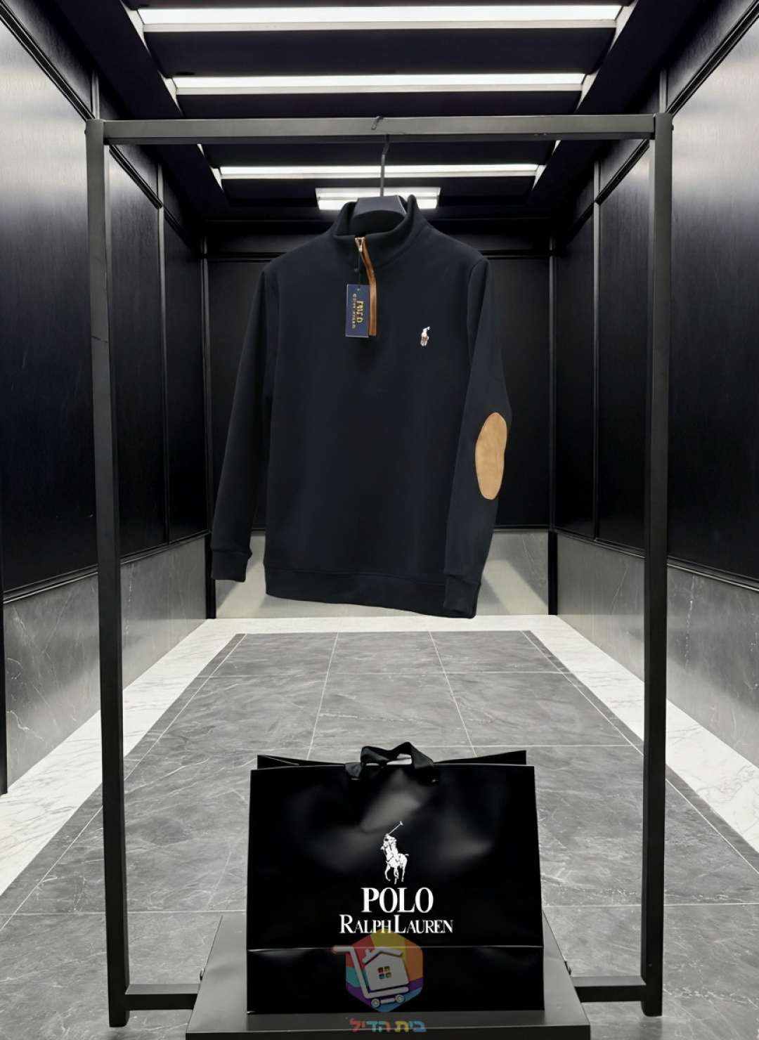 Polo Ralph Lauren Pullover mit kurzem Reißverschluss und Ellbogen-Patches, Schwarz oder Creme