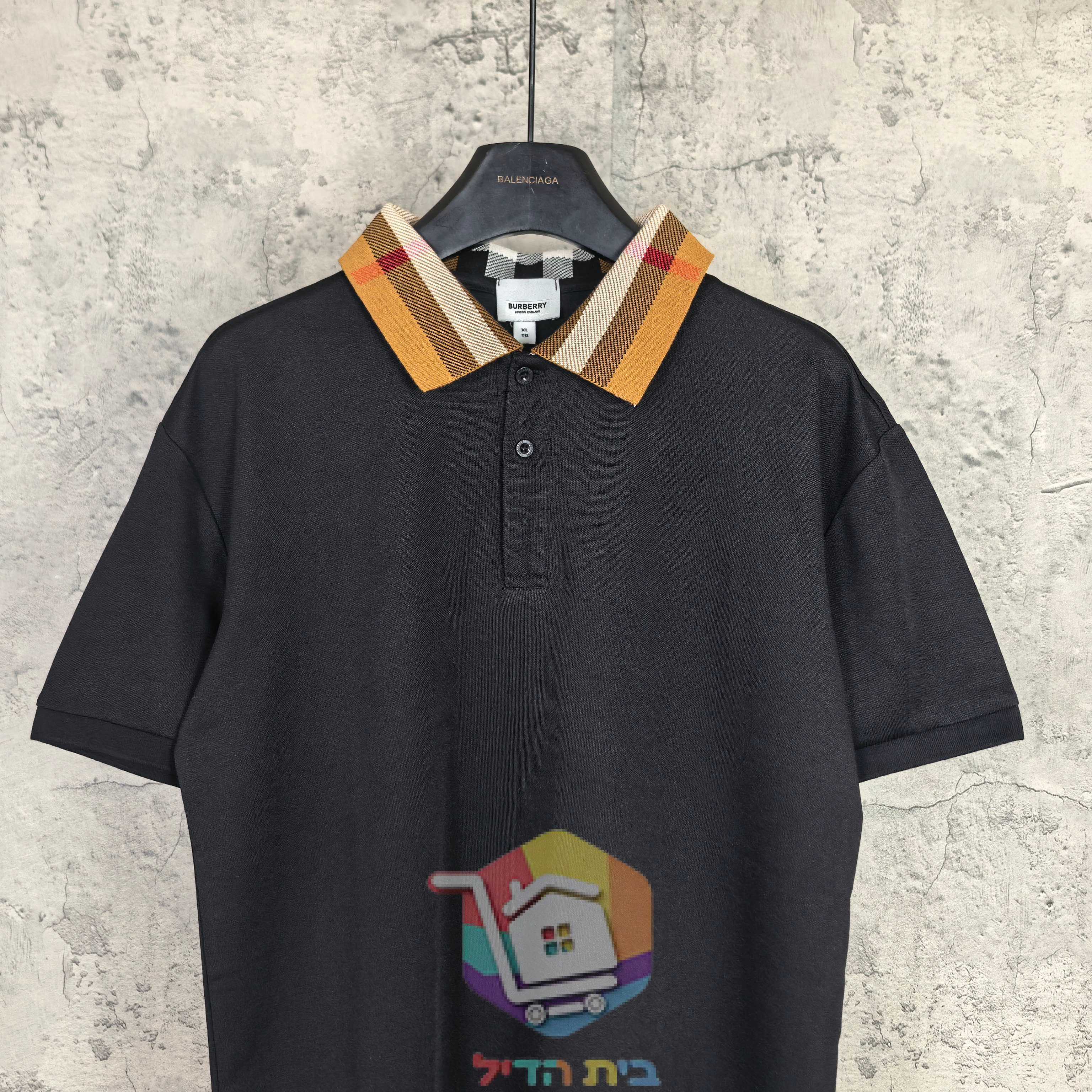 חולצת פולו Burberry מפיקה עם צווארון משבצות, שחור, לבן