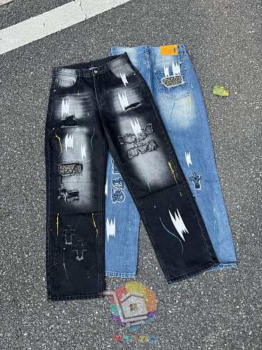 Jeans Chrome Hearts mit weitem Bein und Rissen, zwei Farben 29