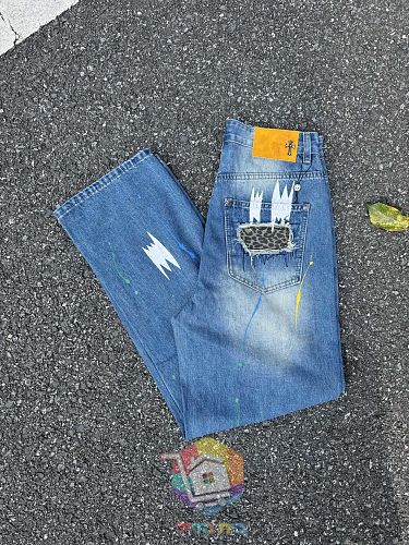Jeans Chrome Hearts mit weitem Bein und Rissen, zwei Farben 30