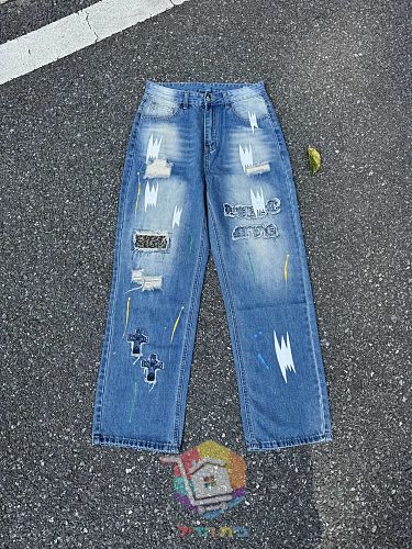 Jeans Chrome Hearts mit weitem Bein und Rissen, zwei Farben 32