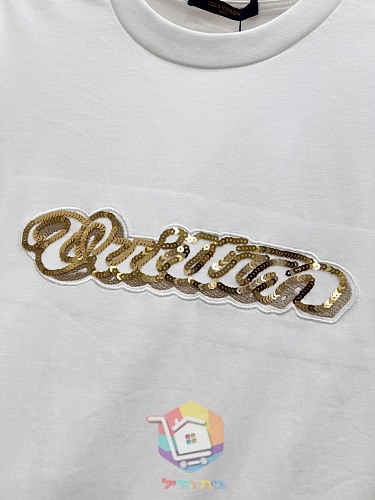T-shirt Louis Vuitton con scritta a catena dorata, bianco 6