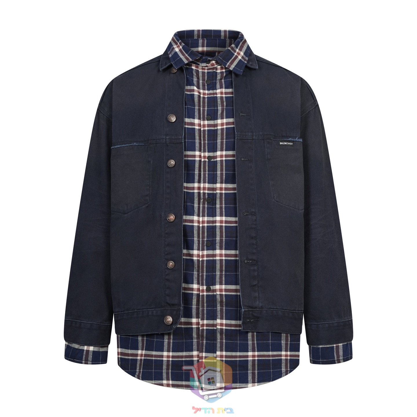 Джинсовая куртка Balenciaga Checked Layered Denim Jacket с пришитой клетчатой рубашкой