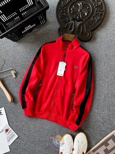 חליפת טרנינג Lacoste, ז'קט רוכסן ומכנסיים עם פס בצד, אפור, אדום או שחור, תמונה 3