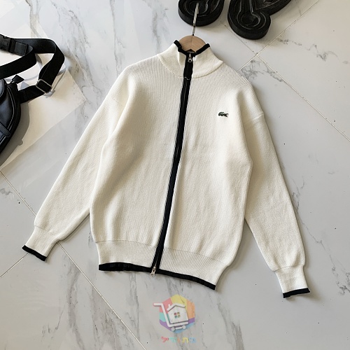 קרדיגן סרוג עם רוכסן Lacoste ופסים מנוגדים, שחור, אפור כחלחל או שמנת, תמונה 3