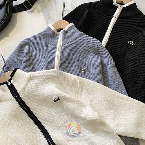 קרדיגן סרוג עם רוכסן Lacoste ופסים מנוגדים, שחור, אפור כחלחל או שמנת, תמונה 5