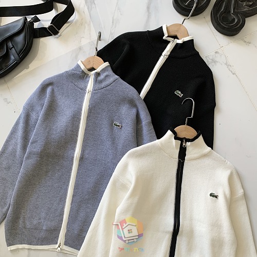 קרדיגן סרוג עם רוכסן Lacoste ופסים מנוגדים, שחור, אפור כחלחל או שמנת, תמונה 6
