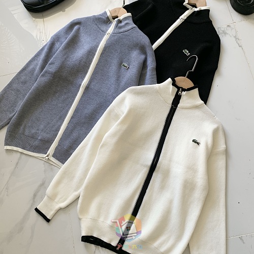 קרדיגן סרוג עם רוכסן Lacoste ופסים מנוגדים, שחור, אפור כחלחל או שמנת, תמונה 7