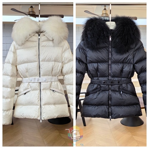 מעיל פוך קצר Moncler Boed עם חגורה וקפוצ'ון בשוליים פרוותיים, לבן או שחור, תמונה 22