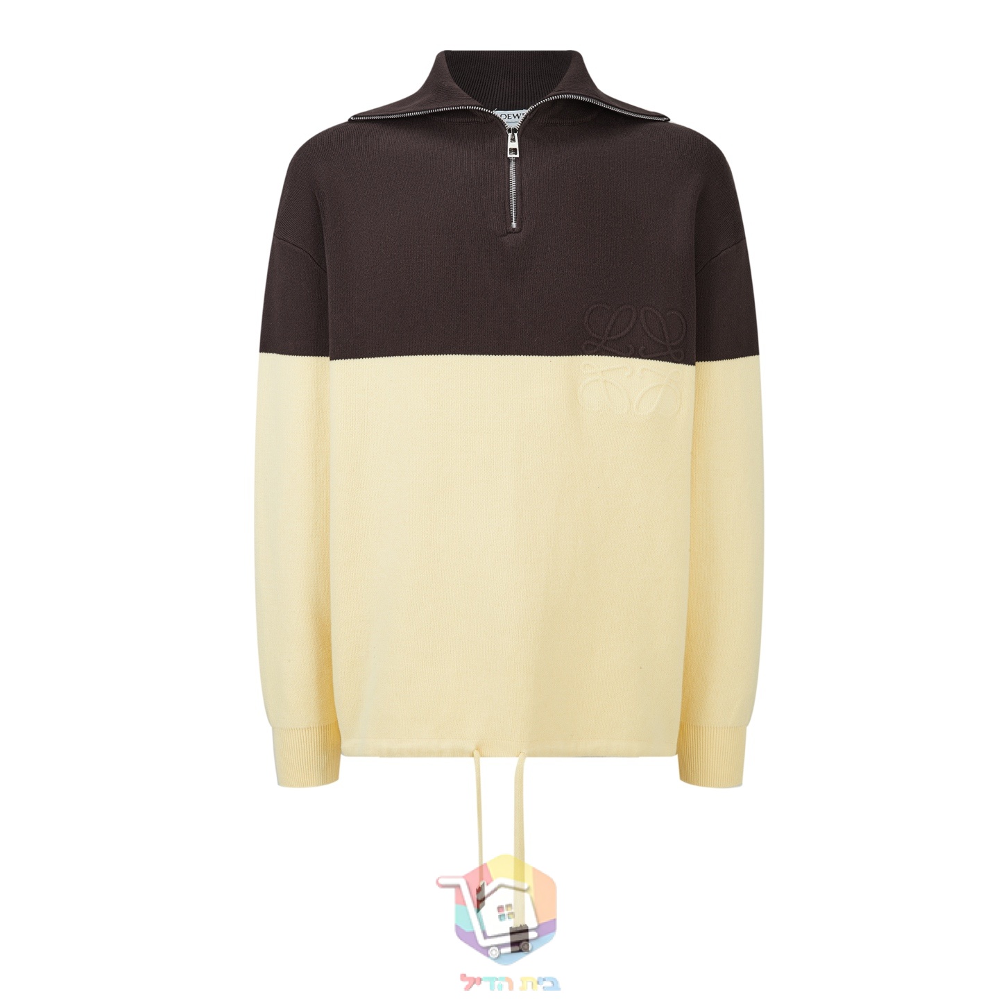 كنزة Loewe Half-Zip Sweater من مزيج القطن، بني داكن وأصفر زبدي