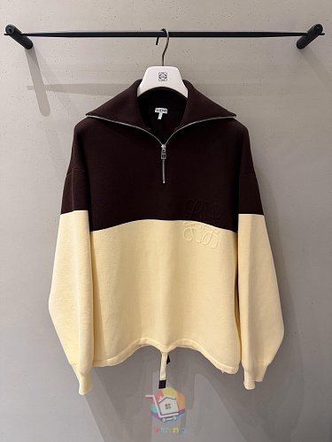 סוודר Loewe Half-Zip Sweater מתערובת כותנה, חום כהה וצהוב חמאה, תמונה 11