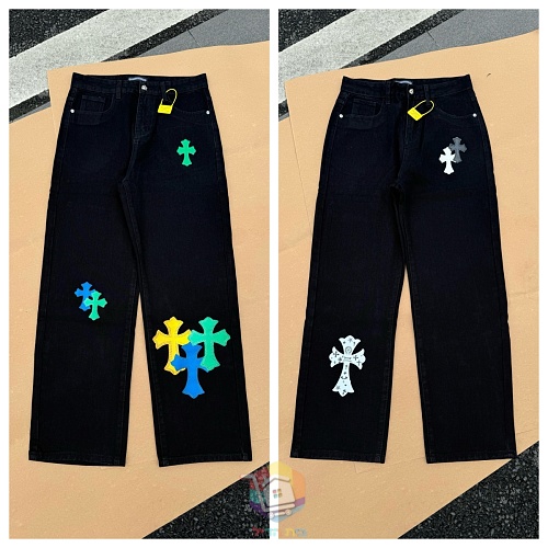 ג'ינס Chrome Hearts שחור עם טלאי לוגו, צבעוניים או לבנים, תמונה 23
