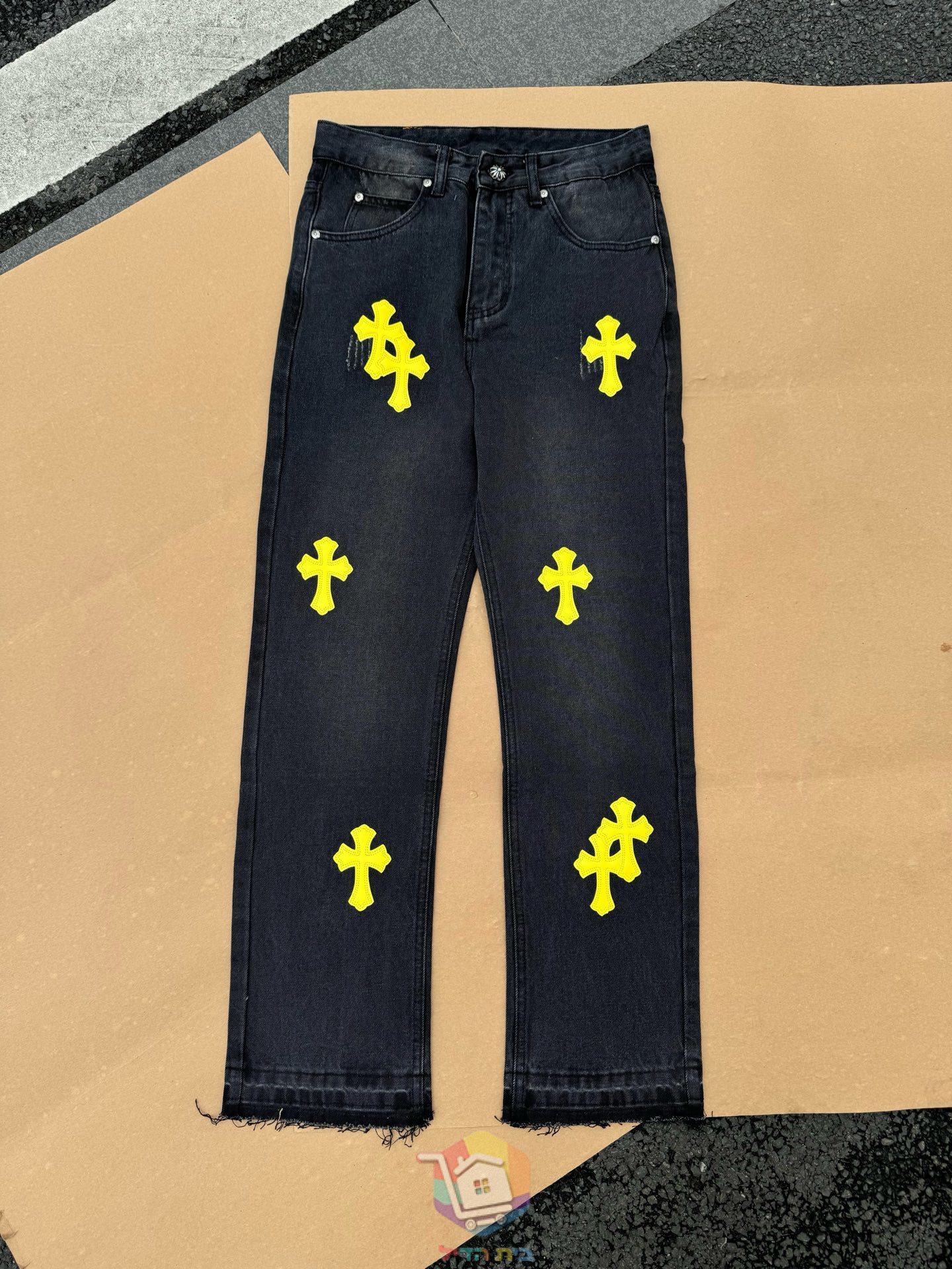 Calças de ganga Chrome Hearts com remendos de logótipo, azul multicolor ou preto e amarelo