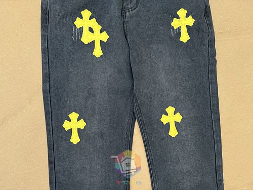 ג'ינס Chrome Hearts עם טלאי לוגו, כחול עם טלאים צבעוניים או שחור עם צהוב, תמונה 4