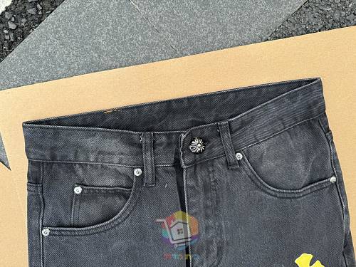 ג'ינס Chrome Hearts עם טלאי לוגו, כחול עם טלאים צבעוניים או שחור עם צהוב, תמונה 8