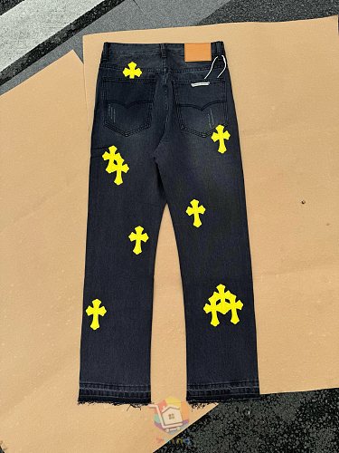 ג'ינס Chrome Hearts עם טלאי לוגו, כחול עם טלאים צבעוניים או שחור עם צהוב, תמונה 9