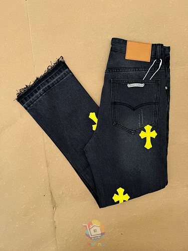 ג'ינס Chrome Hearts עם טלאי לוגו, כחול עם טלאים צבעוניים או שחור עם צהוב, תמונה 12