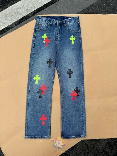 ג'ינס Chrome Hearts עם טלאי לוגו, כחול עם טלאים צבעוניים או שחור עם צהוב, תמונה 23