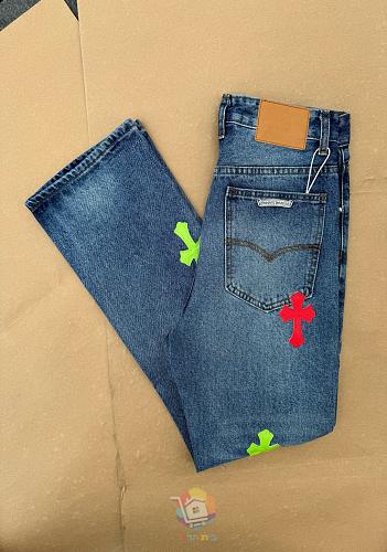 ג'ינס Chrome Hearts עם טלאי לוגו, כחול עם טלאים צבעוניים או שחור עם צהוב, תמונה 24