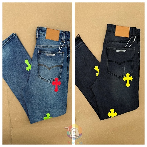 ג'ינס Chrome Hearts עם טלאי לוגו, כחול עם טלאים צבעוניים או שחור עם צהוב, תמונה 26