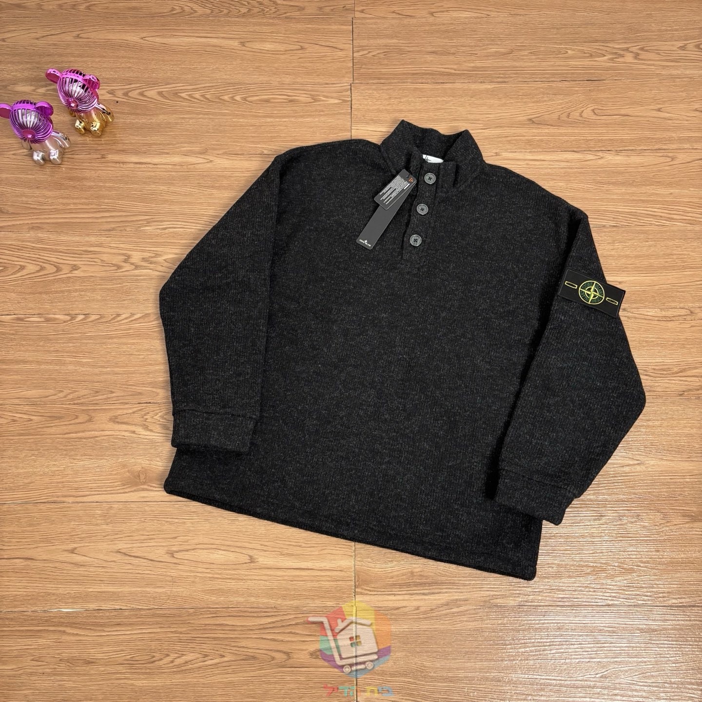Stone Island Strickpolo mit langen Ärmeln und Logo-Badge am Ärmel, Schwarz oder Grau