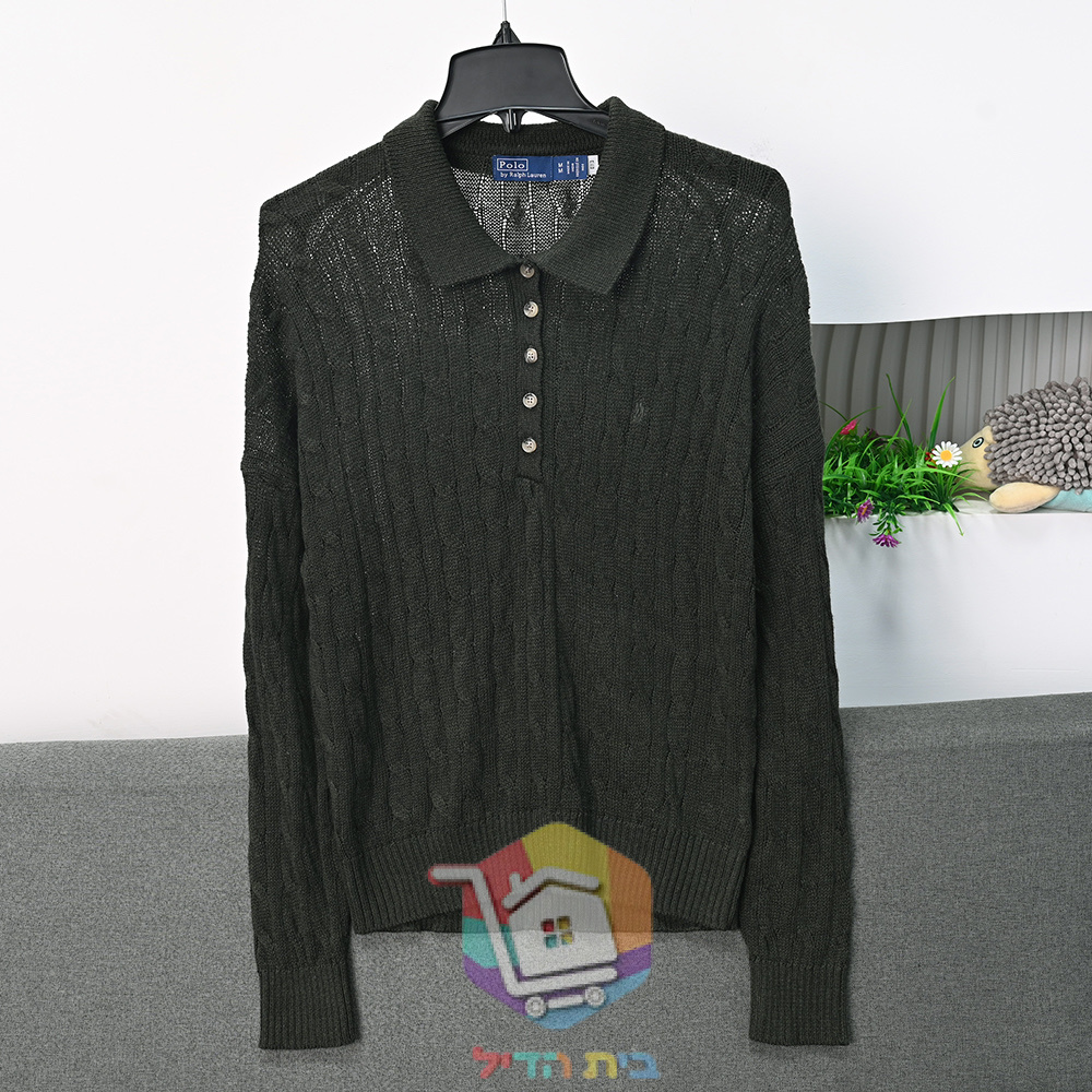 Camisola de gola polo Polo Ralph Lauren Cable Wool-Cashmere Polo-Collar Jumper para mulher, verde-escura ou cinzenta