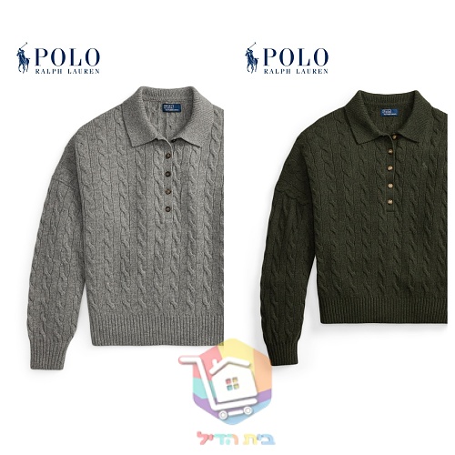 סוודר צווארון פולו Polo Ralph Lauren Cable Wool-Cashmere Polo-Collar Jumper לנשים, ירוק כהה או אפור, תמונה 2