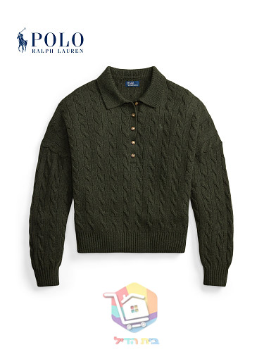 סוודר צווארון פולו Polo Ralph Lauren Cable Wool-Cashmere Polo-Collar Jumper לנשים, ירוק כהה או אפור, תמונה 11