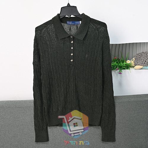 סוודר צווארון פולו Polo Ralph Lauren Cable Wool-Cashmere Polo-Collar Jumper לנשים, ירוק כהה או אפור, תמונה 1