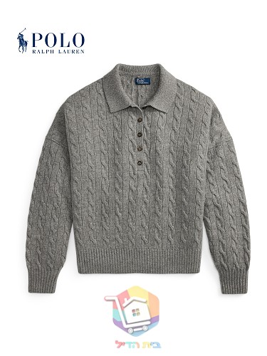 סוודר צווארון פולו Polo Ralph Lauren Cable Wool-Cashmere Polo-Collar Jumper לנשים, ירוק כהה או אפור, תמונה 18