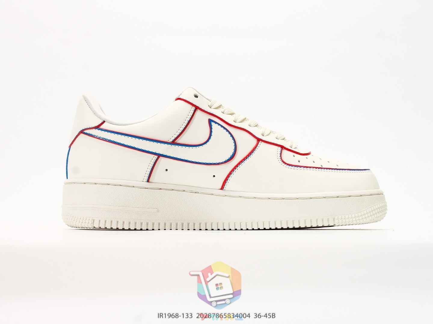 Nike Air Force 1 Low Sneaker, Creme mit roten und blauen Nähten