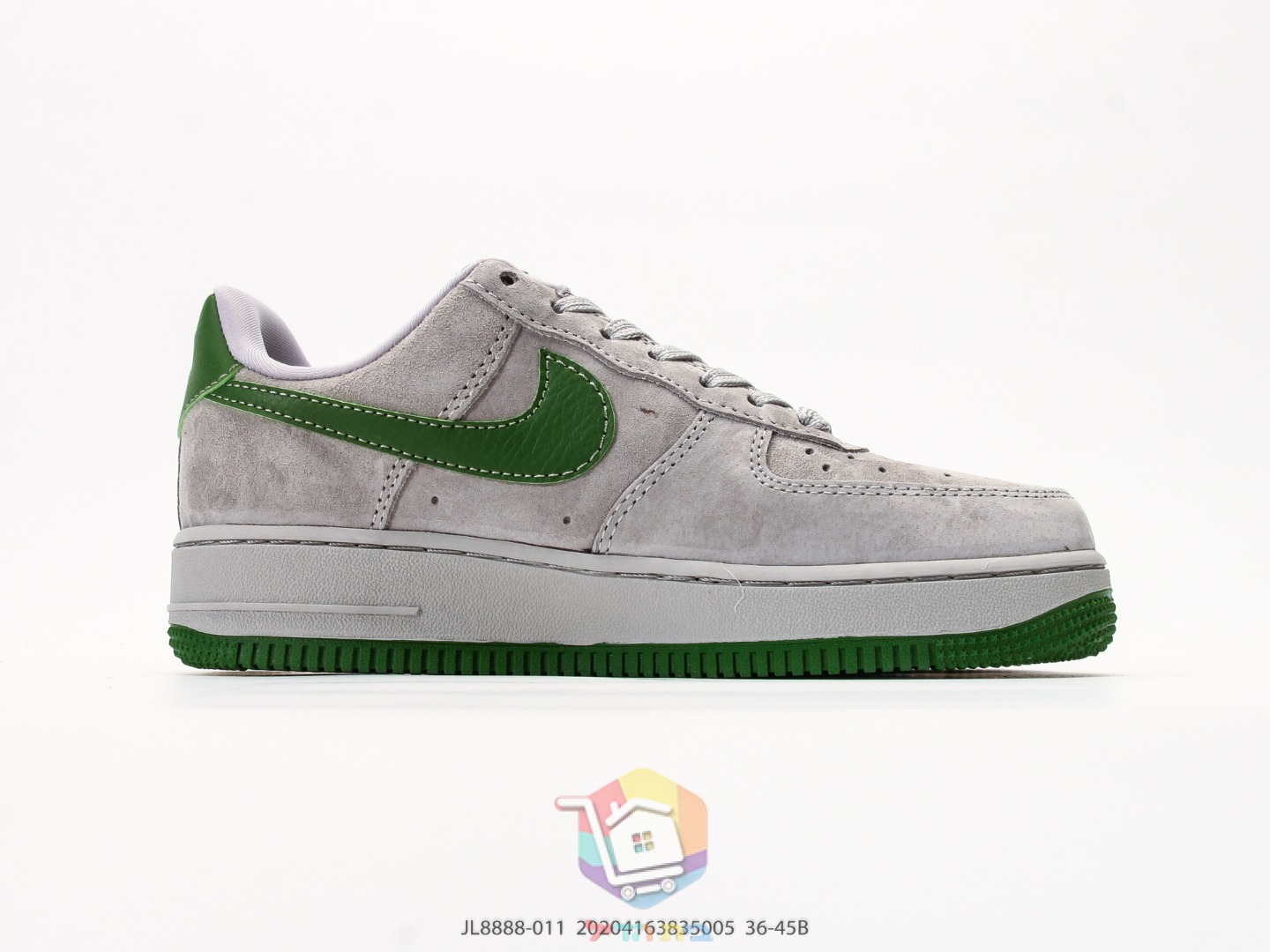Nike Air Force 1 Low Sneaker, graues Veloursleder mit grünem Logo