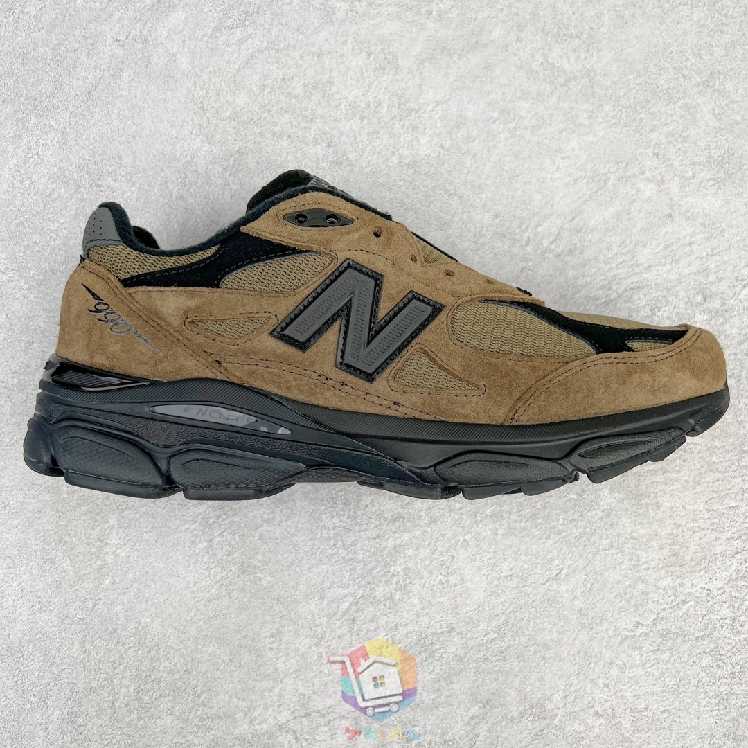 New Balance sneakers in two models, 990v3 in tan or olive and 990v6 in black or grey