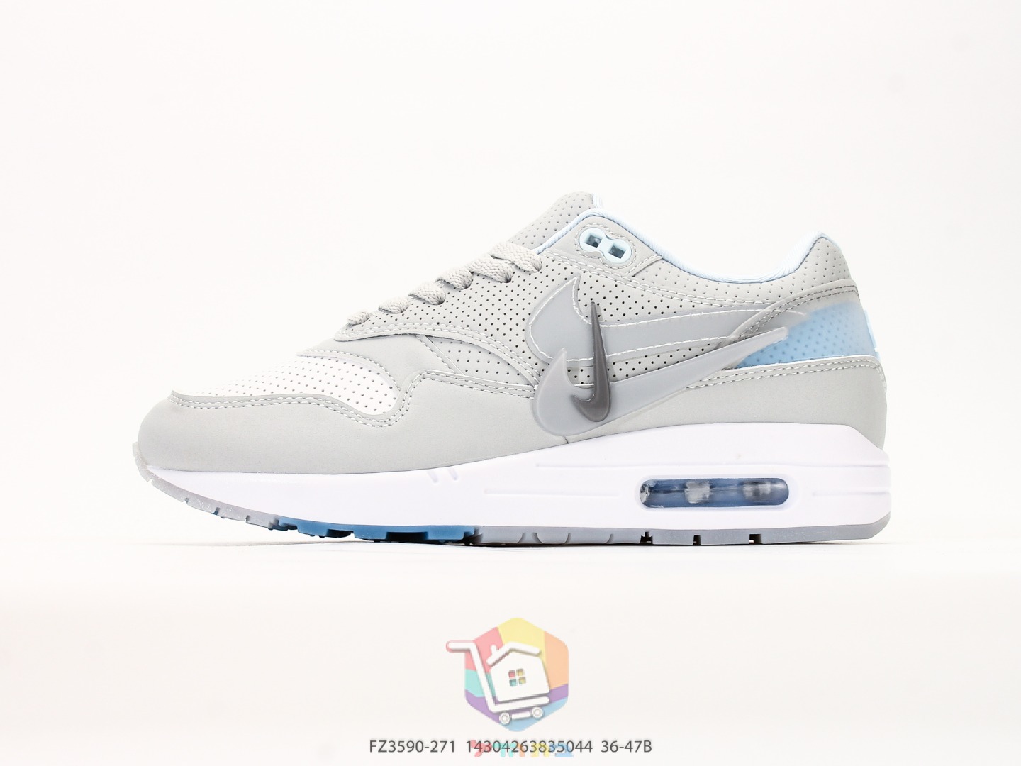 Nike Air Max 1 sneakers, grey and light blue or black, white and orange