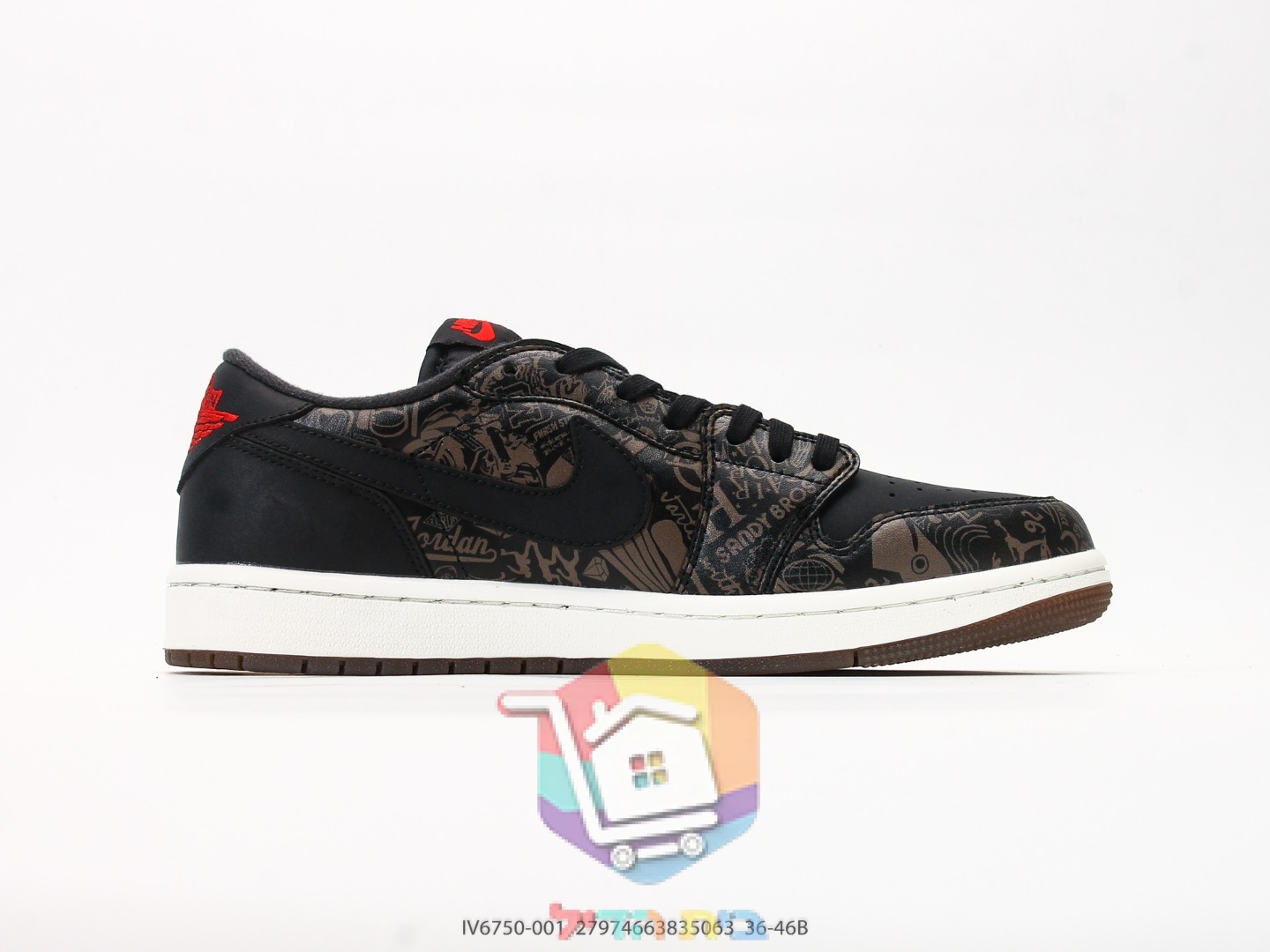 Air Jordan 1 Low Sneaker, Schwarz mit Print oder Lila, Schwarz und Weiß