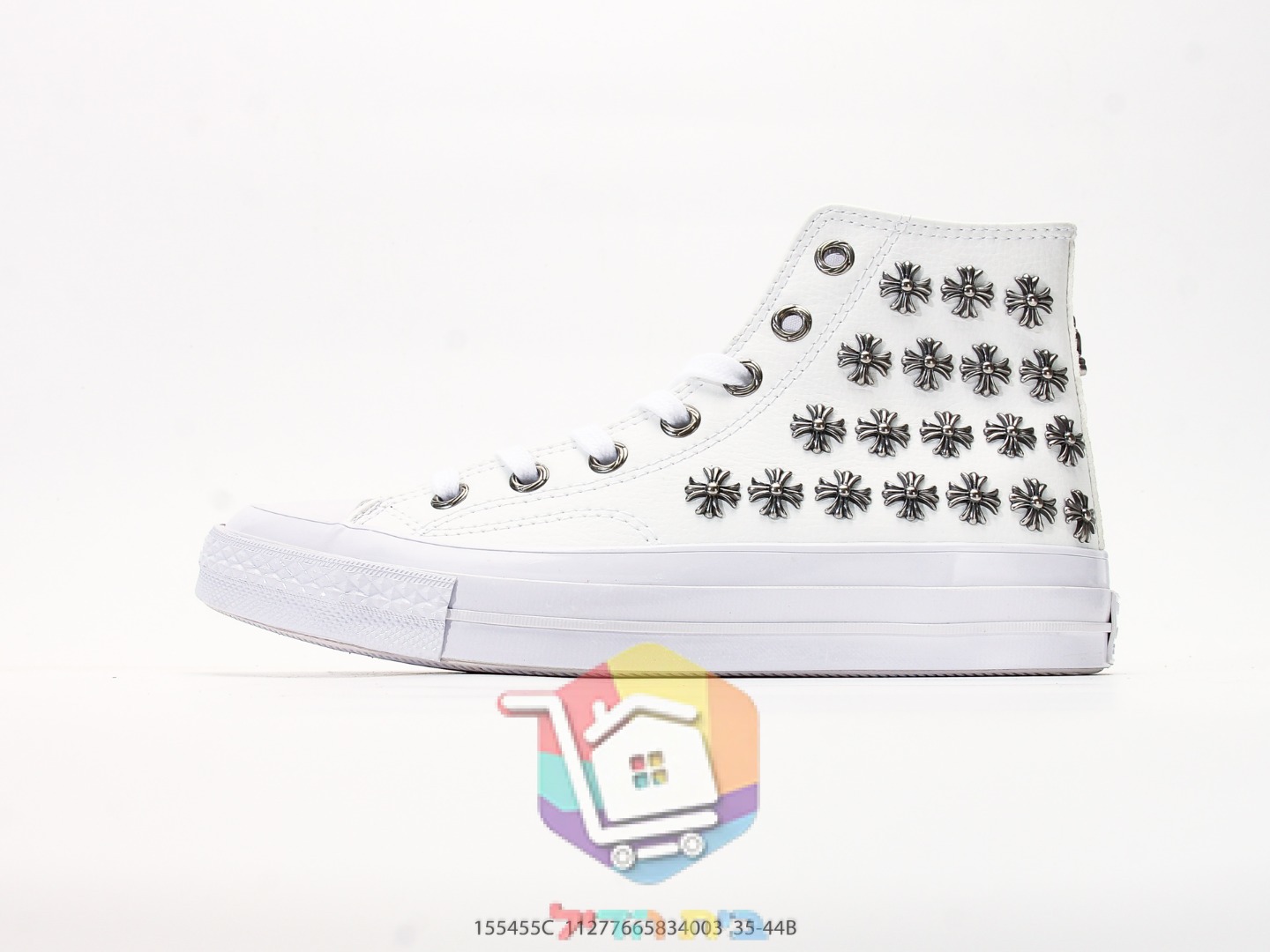 Converse Chuck Taylor All Star High Sneaker, weißes Leder mit Chrome-Hearts-Logo-Nieten