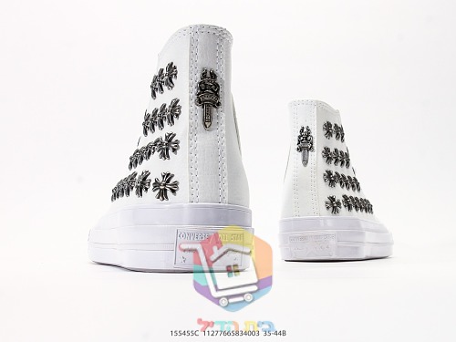 נעלי Converse Chuck Taylor All Star גבוהות מעור לבן עם ניטי לוגו Chrome Hearts, תמונה 4