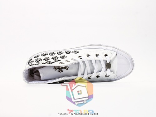 נעלי Converse Chuck Taylor All Star גבוהות מעור לבן עם ניטי לוגו Chrome Hearts, תמונה 7