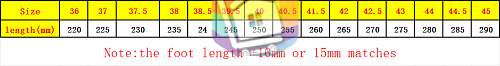 טבלת המידות של הספק