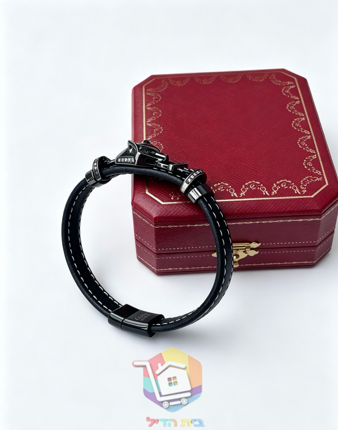 Cartier Armband aus Leder mit Pantherkopf und besetzten Halsbändern