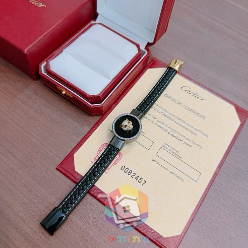 Cartier Armband aus Leder mit Pantherkopf auf schwarzem Medaillon 8