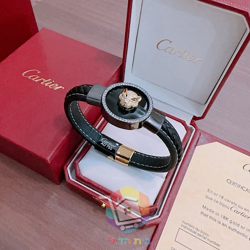 Cartier Armband aus Leder mit Pantherkopf auf schwarzem Medaillon 9